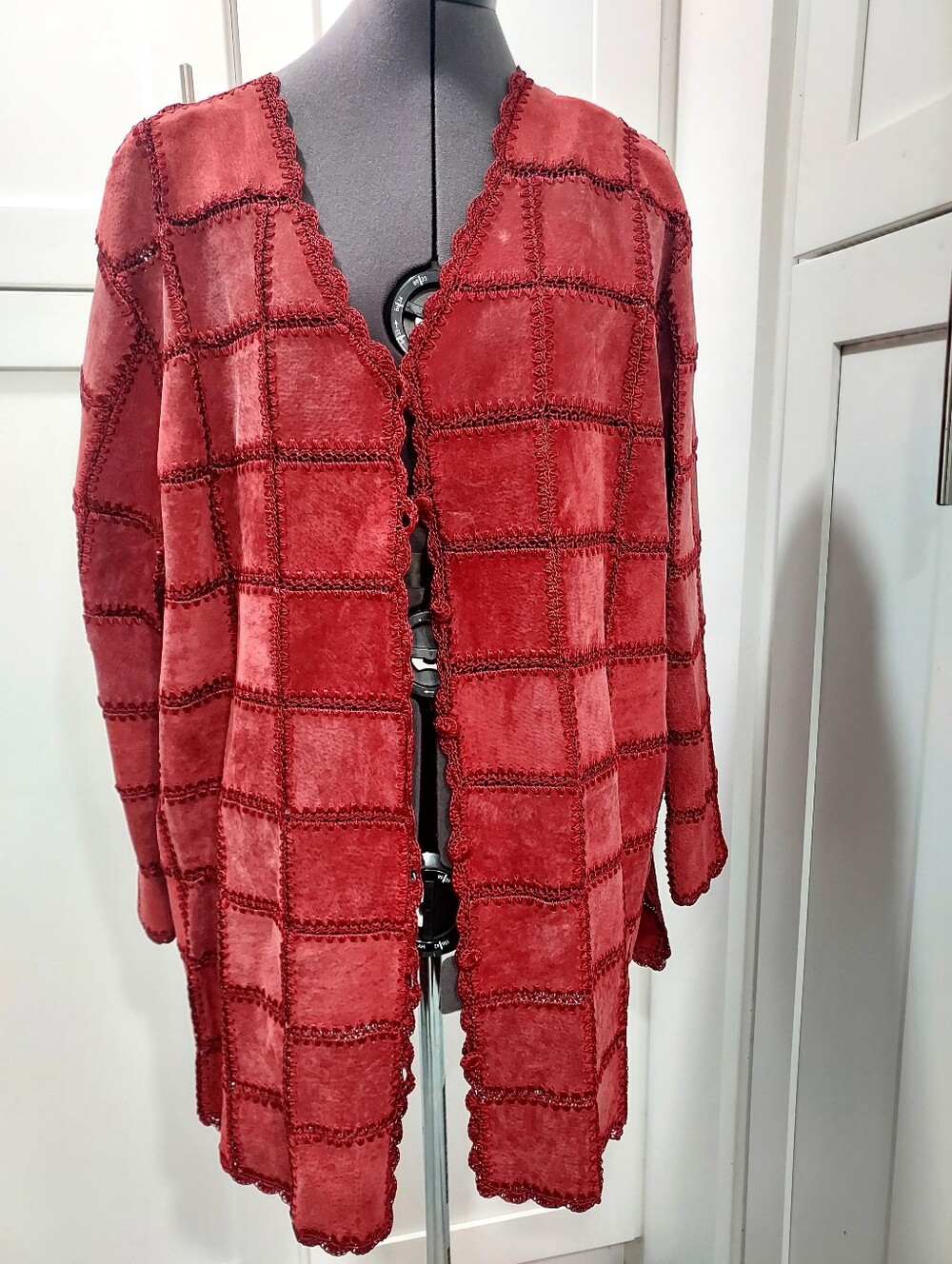 CBO New York Red Textured Open-Front Patchwork Suede Jacket